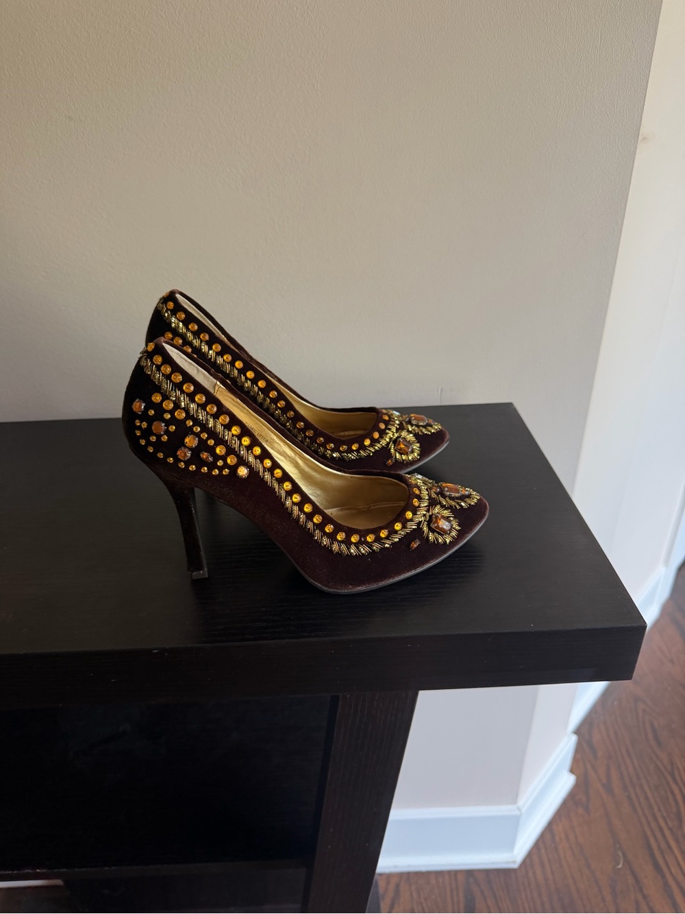 Colin Stuart crystal embellished brown velvet stiletto pumps